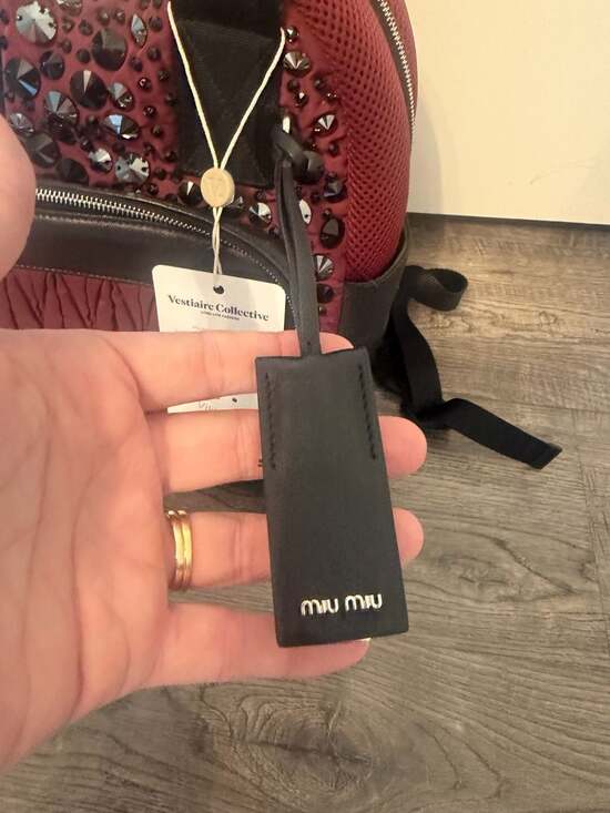 Miu Miu Crystal Embellished Matelassé Nylon and Leather Backpack in Burgundy main image 7